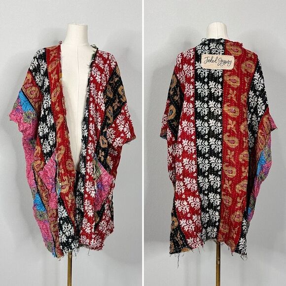 Jaded Gypsy Kantha Kimono OS  Frayed Edges Boho Festival Cottage Artsy Rustic - Picture 3 of 16